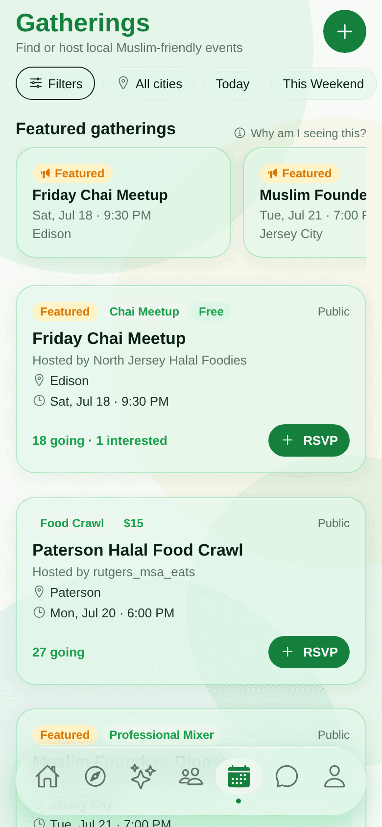 Suhbah Gatherings screen from the current build: featured gatherings, a chai meetup and halal food crawl with RSVP buttons and ticket prices